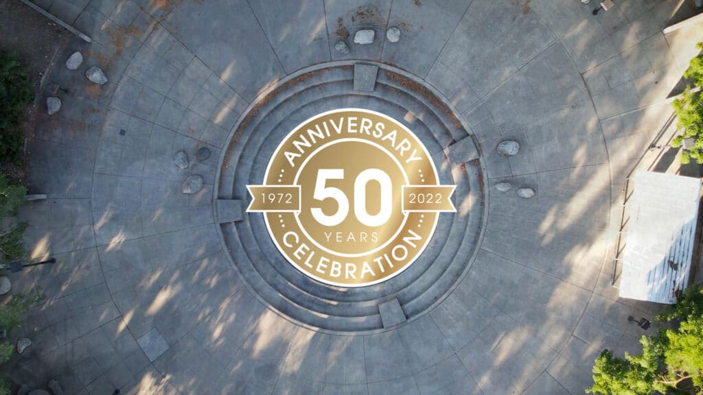 Aerial view of courtyard with Anniversary Celebration badge in the center for CCS Foundation's 50th Anniversary