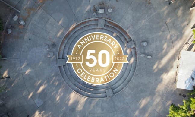 Aerial view of courtyard with Anniversary Celebration badge in the center for CCS Foundation's 50th Anniversary