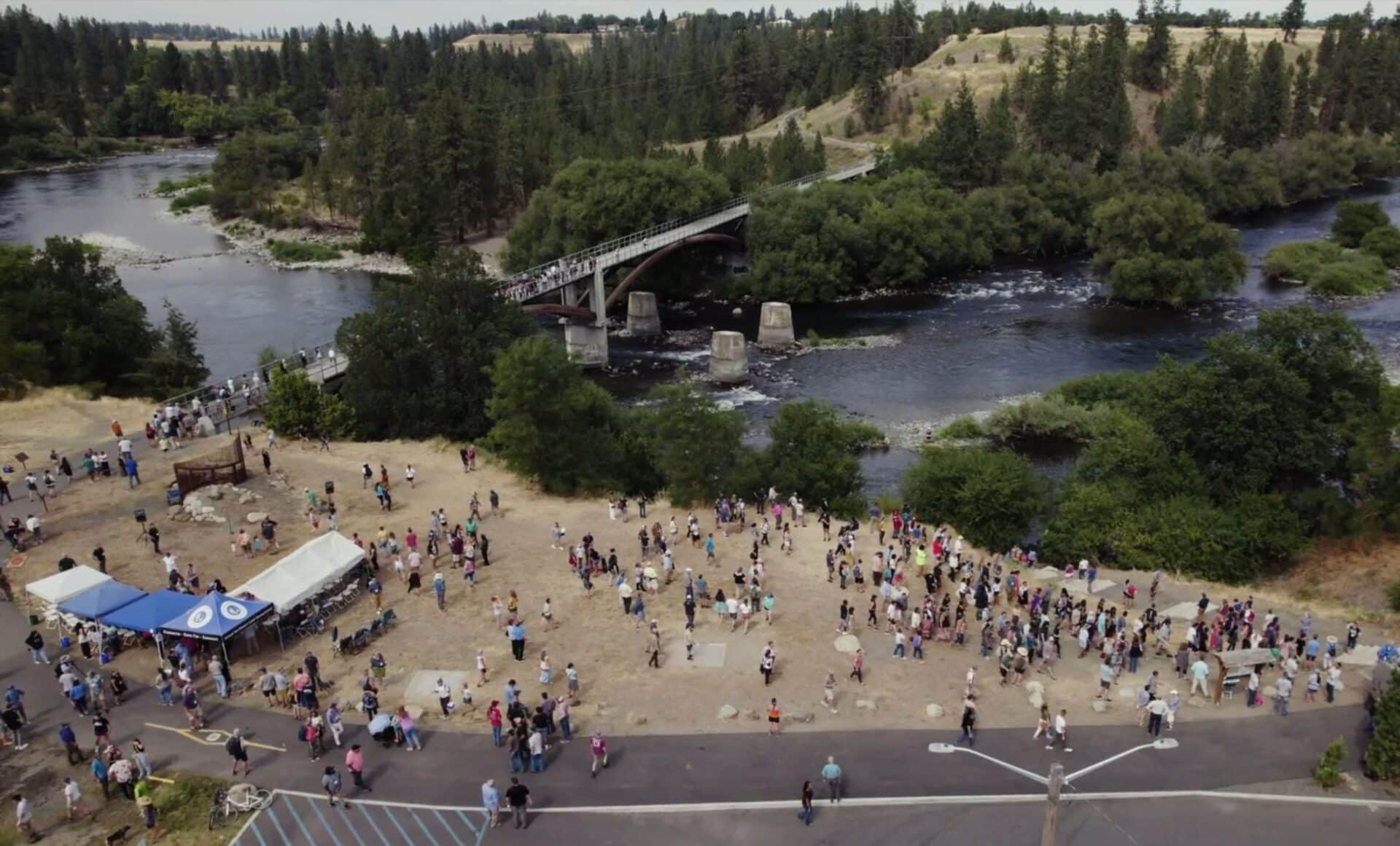 aerial view of Spokane River salmon release ceremony