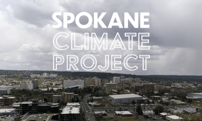 Aerial view of the city of Spokane with the words