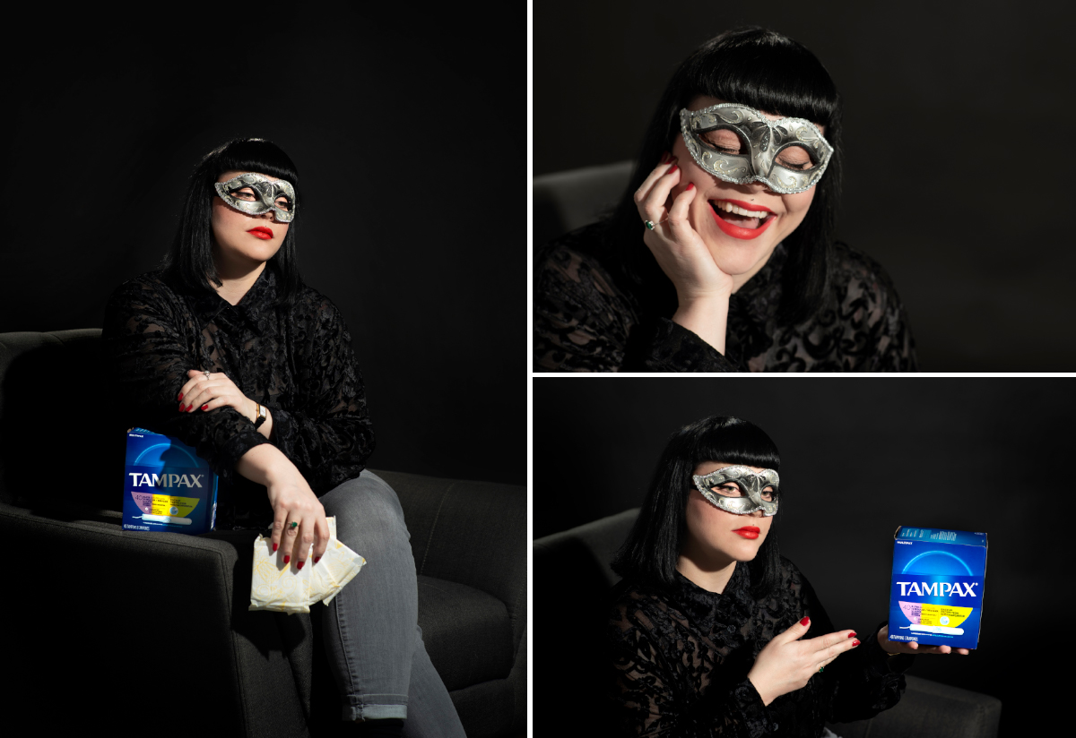 Dramatic portraits of masked woman with hygiene products